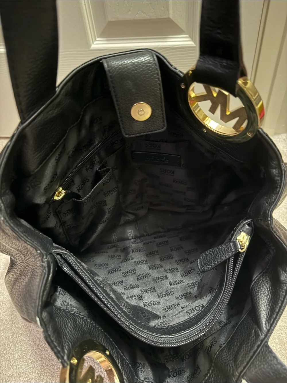 Michael Kors Black Leather Shoulder Tote with Gold MK Charm
